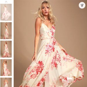 NWT Lulu's Elegantly Inclined Cream and Coral Floral Print Wrap Maxi Dress